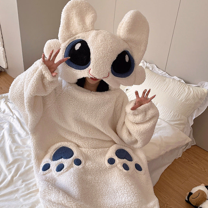 White plush dragon onesie, worn